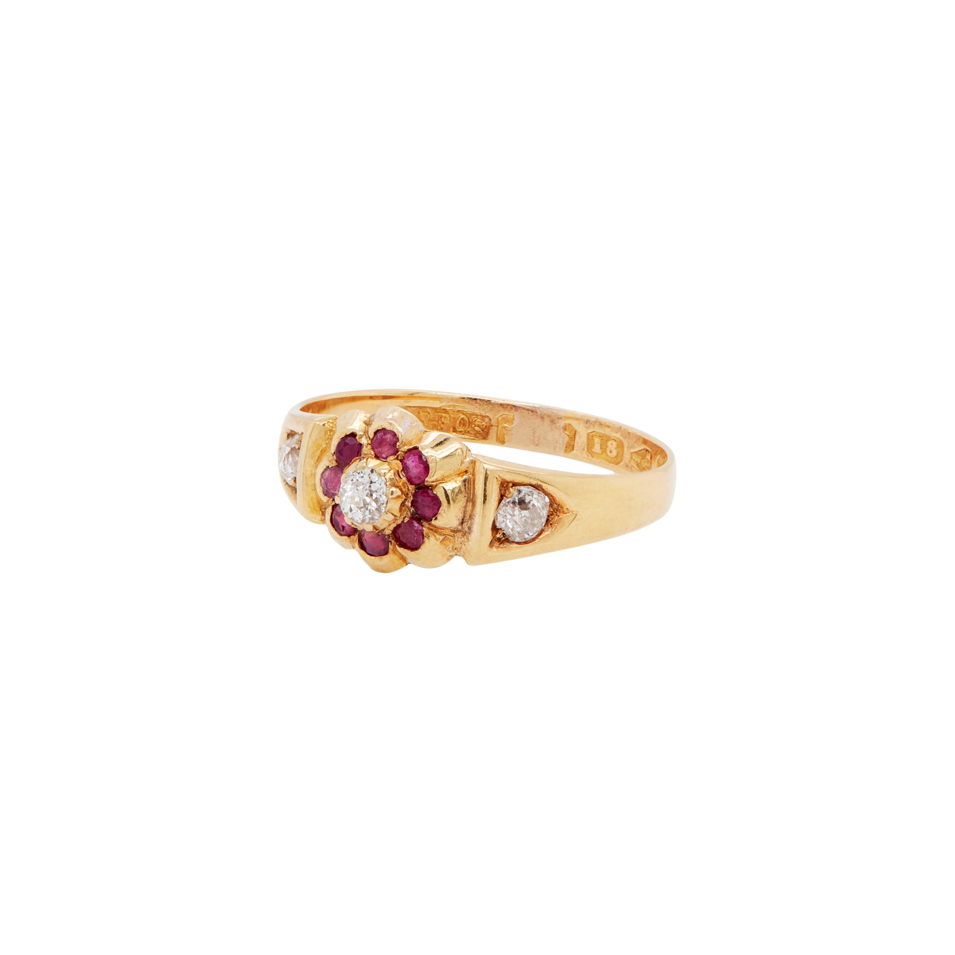 Antique Ruby & Old Cut Diamond Flower Ring in 18K Yellow Gold, 1884