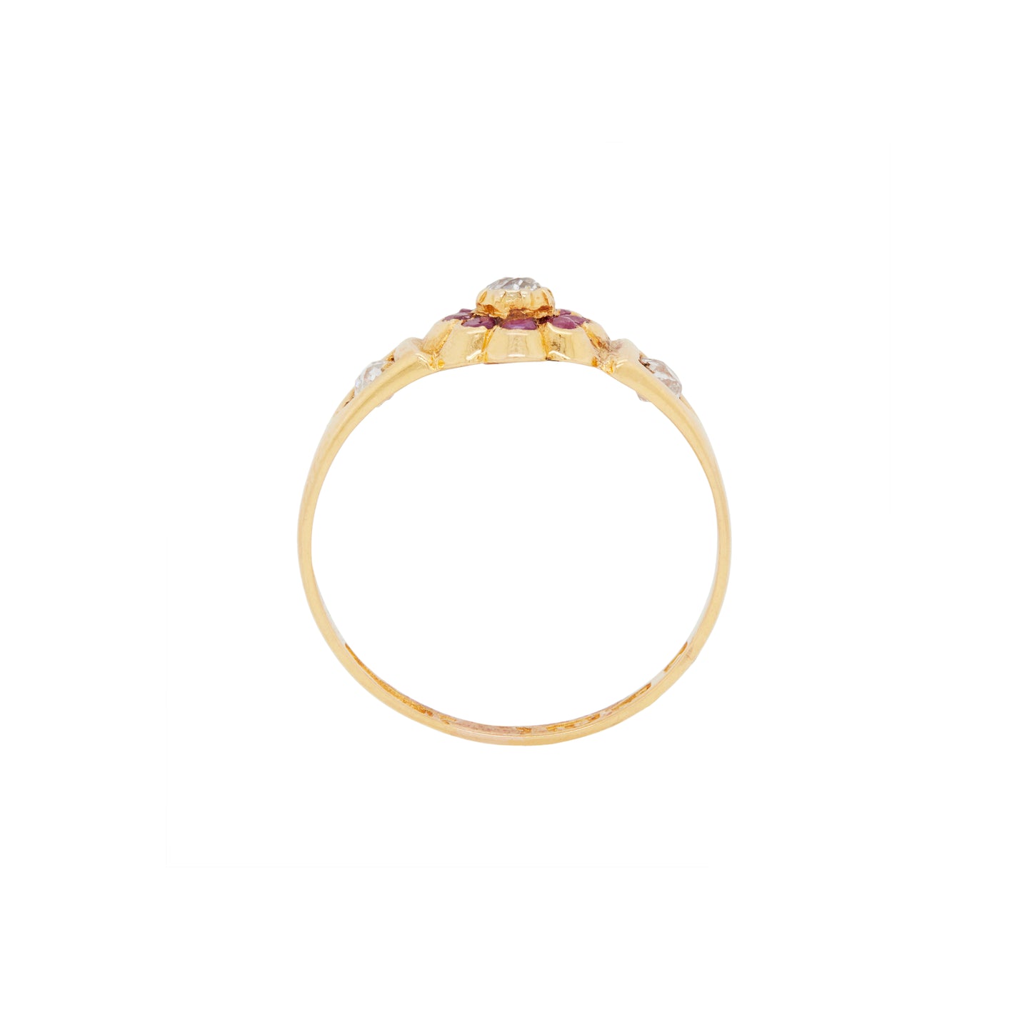 side view Antique Ruby & Old Cut Diamond Flower Ring in 18K Yellow Gold, Chester, 1884