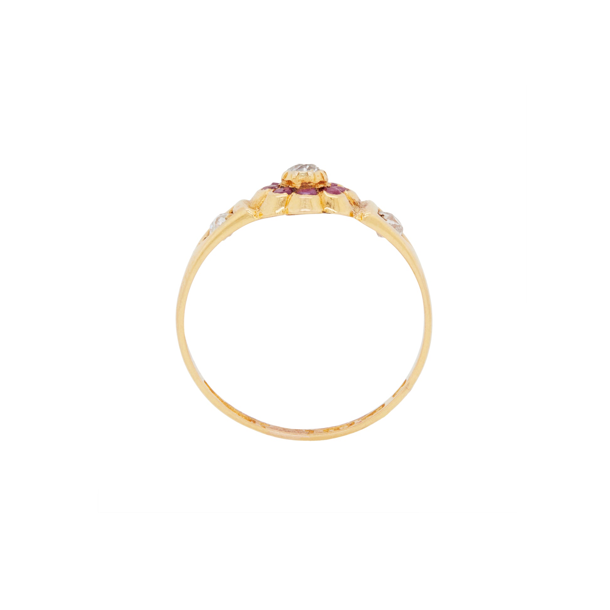 side view Antique Ruby & Old Cut Diamond Flower Ring in 18K Yellow Gold, Chester, 1884