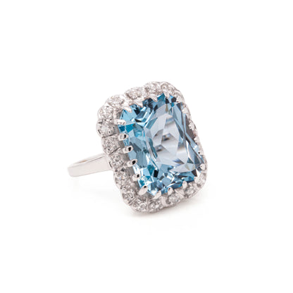 14.46 Carat Crisscut Shape Aquamarine and Diamond 14K White Gold Cocktail Ring