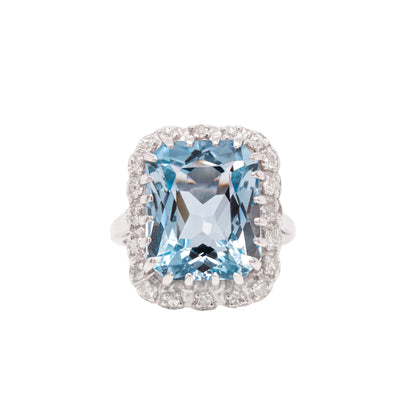 14.46 Carat Crisscut Shape Aquamarine and Diamond 14K White Gold Cocktail Ring