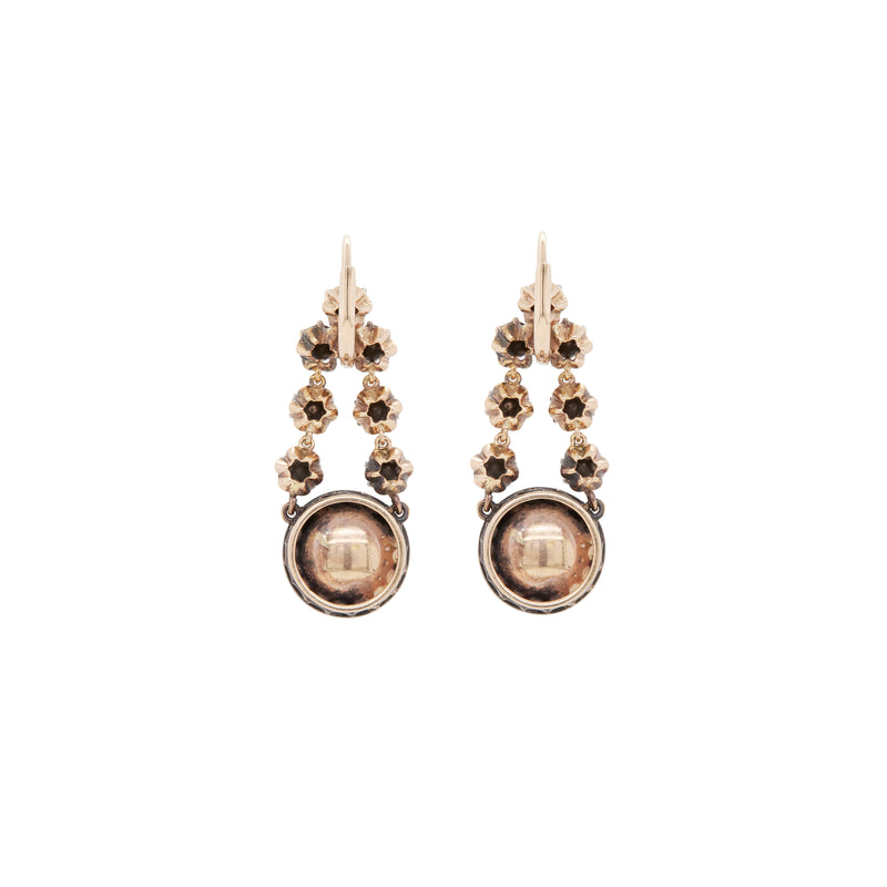 Diamond Cluster Silver on 14 Carat Gold Victorian Style Drop Earrings