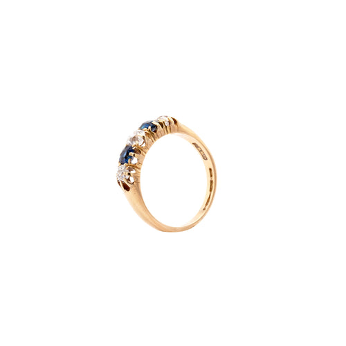 Antique Blue Sapphire and Old Cut Diamond 18ct Yellow Gold Five-Stone Ring