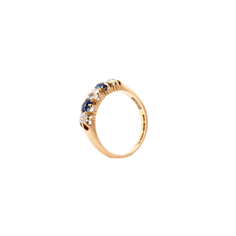Antique Blue Sapphire and Old Cut Diamond 18ct Yellow Gold Five-Stone Ring