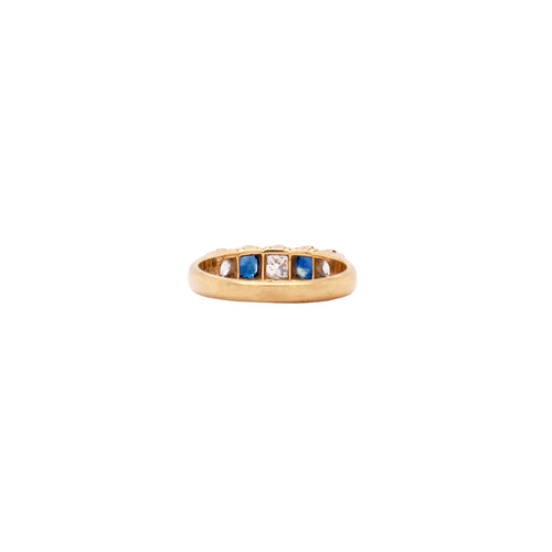 Antique Blue Sapphire and Old Cut Diamond 18ct Yellow Gold Five-Stone Ring