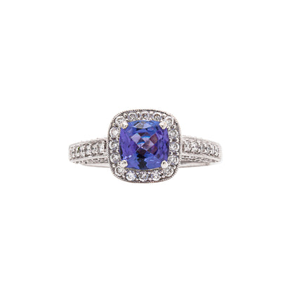 1.32ct Tanzanite and Diamond 18 Carat white Gold Halo Cluster Engagement Ring