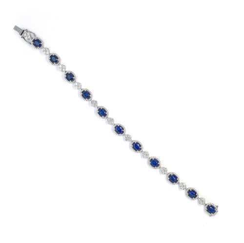 Oval Blue Sapphire and Diamond Cluster 18 Carat White Gold Bracelet
