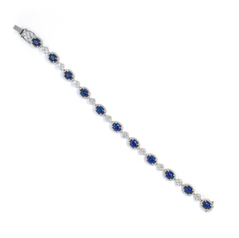 Oval Blue Sapphire and Diamond Cluster 18 Carat White Gold Bracelet