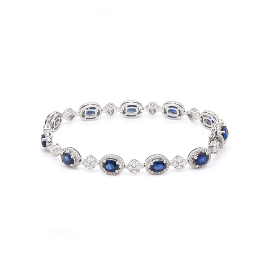 Oval Blue Sapphire and Diamond Cluster 18 Carat White Gold Bracelet