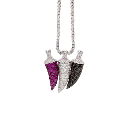 Ruby, Black & White Diamond 18K White Gold Three Horn Pendant and Diamond Chain