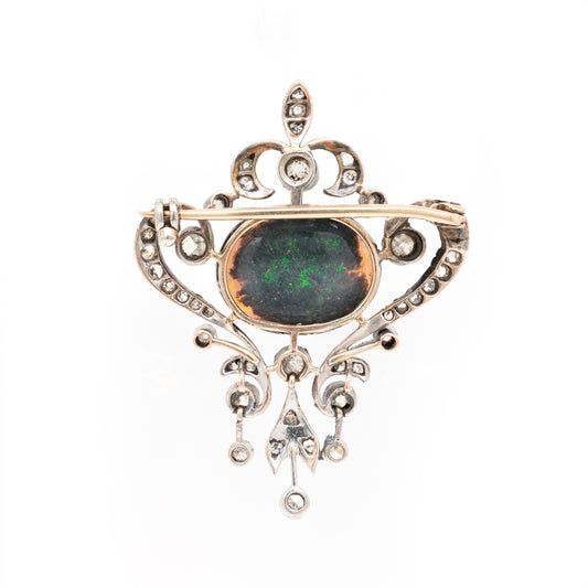 Antique Black Opal and Old Mine Cut Diamond Silver on Gold Brooch, circa 1880