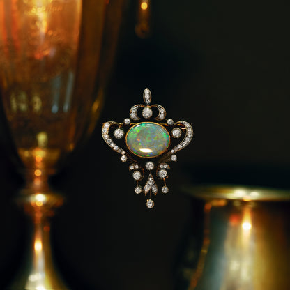 Antique Black Opal and Old Mine Cut Diamond Silver on Gold Brooch, circa 1880