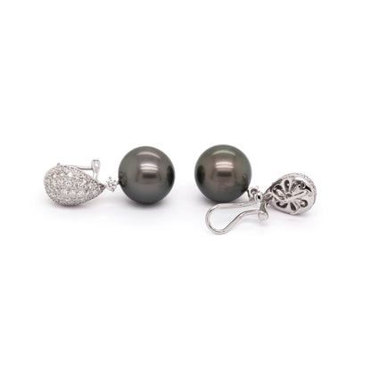 Black Pearl and Diamond 18 Carat White Gold Detachable Drop Earrings