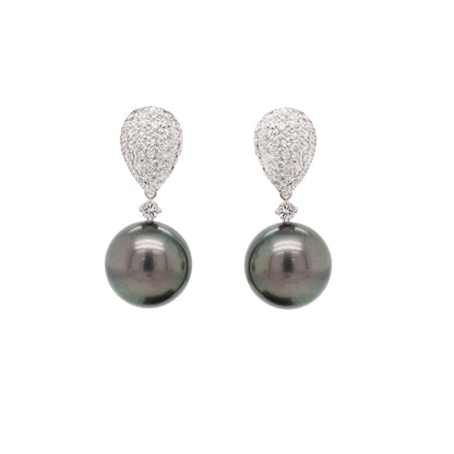Black Pearl and Diamond 18 Carat White Gold Detachable Drop Earrings