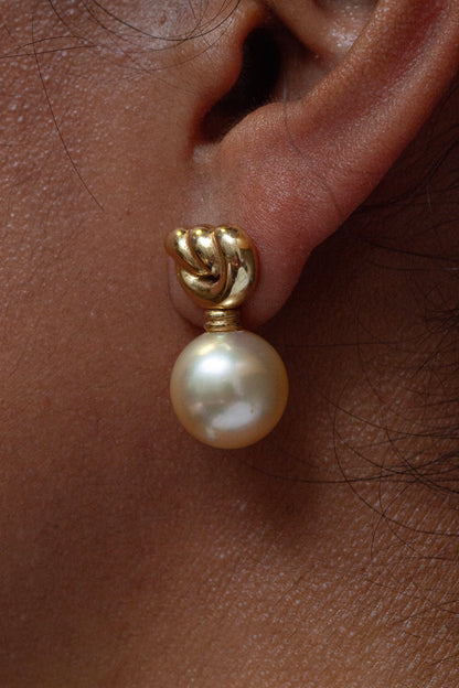 Golden Cultured Pearl and 18 Carat Yellow Gold Love Knot Dangle Earrings