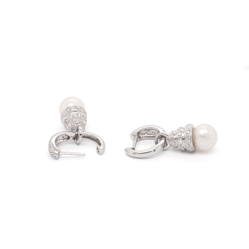 Diamond and Cultured Pearl 18 Carat White Gold Day and Night Dangle Earrings
