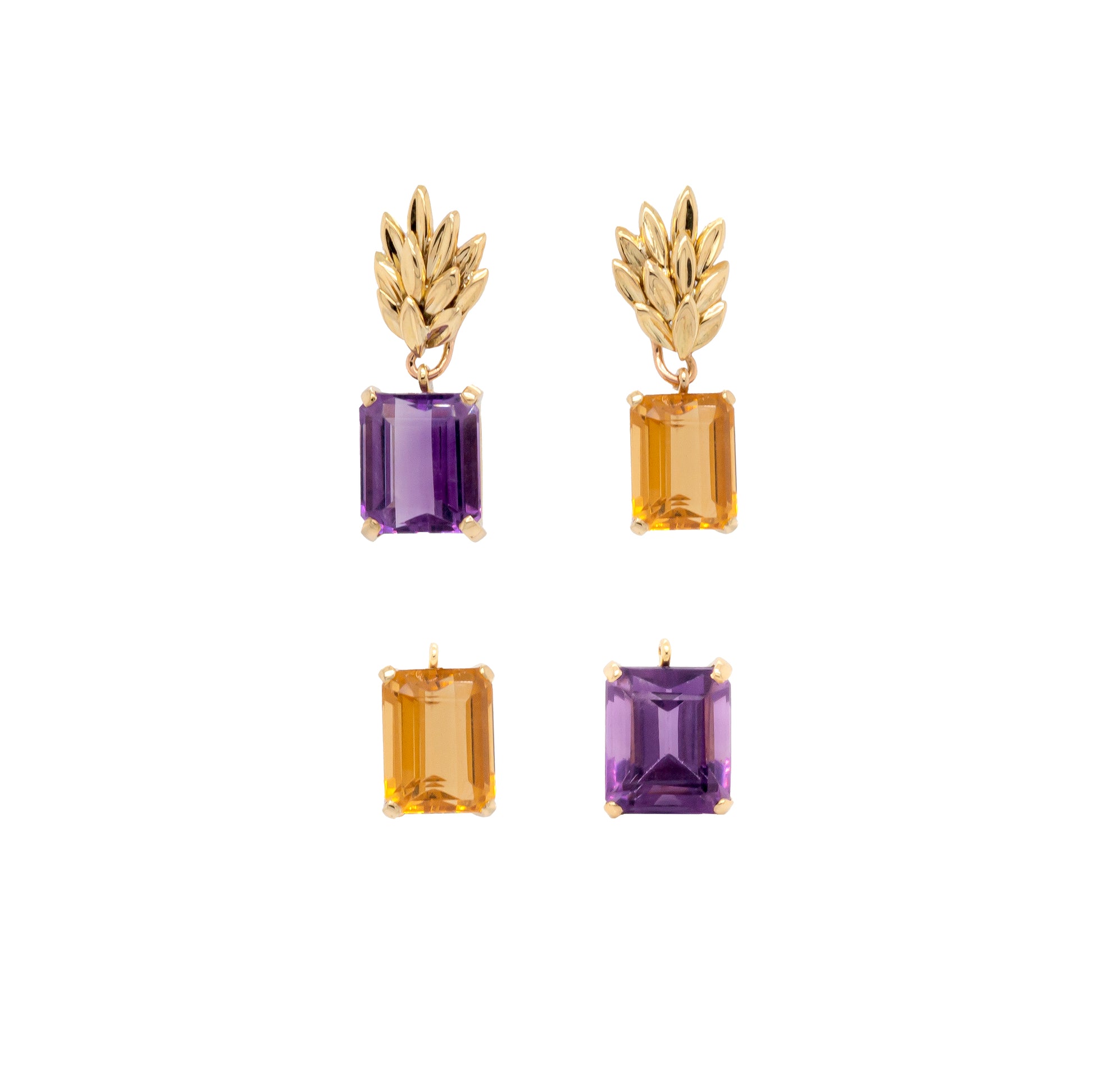 A pair of yellow gold interchangeable drop earrings featuring one pair with amethyst stones and another with citrine stones.