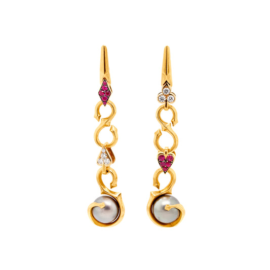 Stephen Webster Ruby, Diamond and Tahitian Pearl 'Playing Cards' Drop Earrings