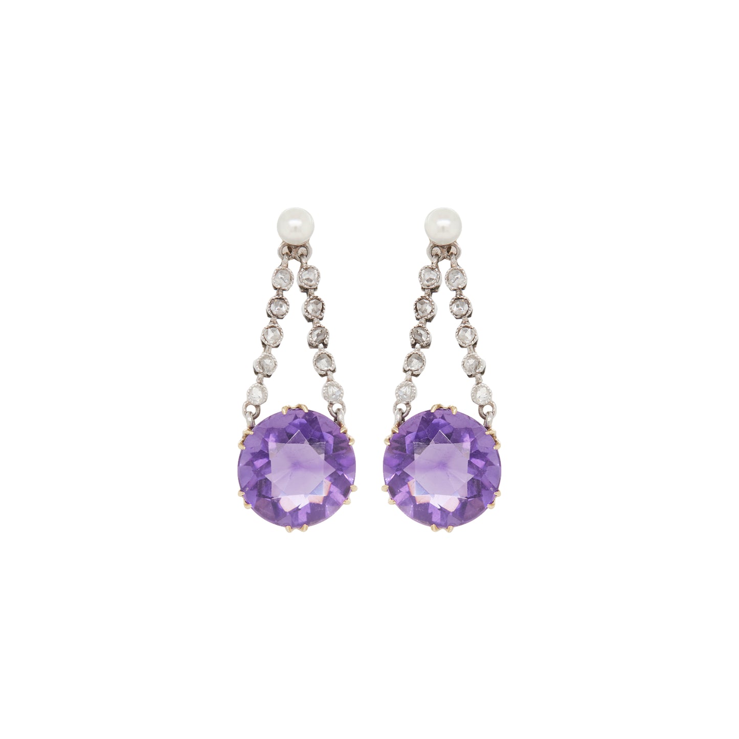 Antique Platinum and 18ct Yellow Gold Amethyst, Pearl and Diamond Drop Earrings