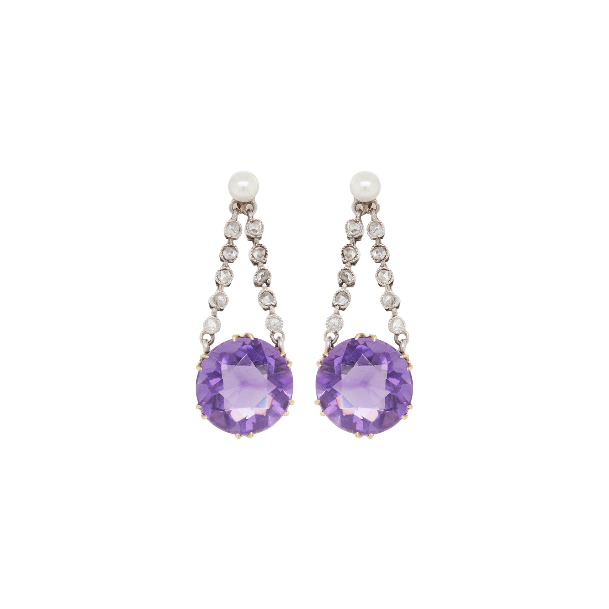 Stunning Antique Platinum and 18ct Yellow Gold Amethyst, Pearl and Diamond Drop earrings