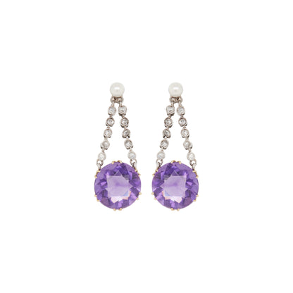 Stunning Antique Platinum and 18ct Yellow Gold Amethyst, Pearl and Diamond Drop earrings