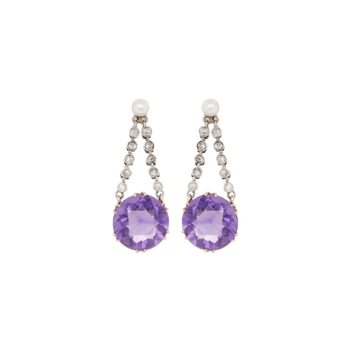 Stunning Antique Platinum and 18ct Yellow Gold Amethyst, Pearl and Diamond Drop earrings