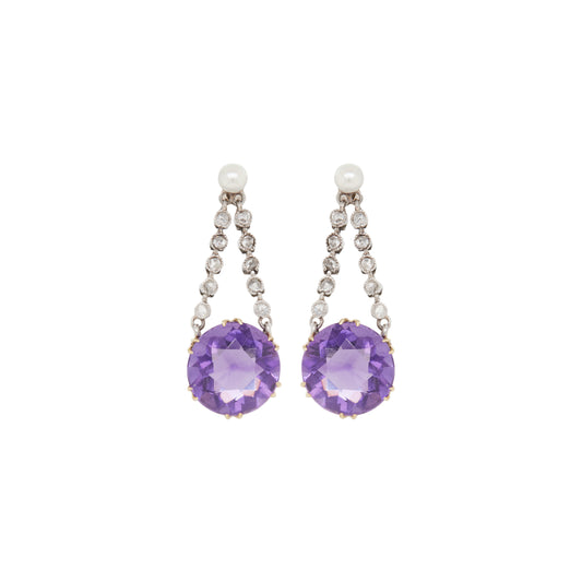 Antique Platinum and 18ct Yellow Gold Amethyst, Pearl and Diamond Drop Earrings