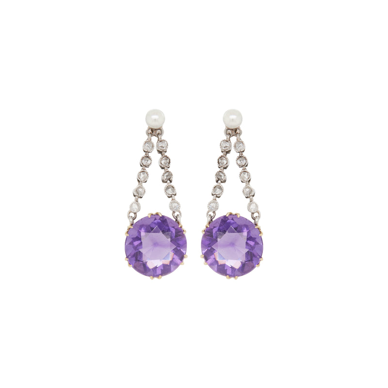 Stunning Antique Platinum and 18ct Yellow Gold Amethyst, Pearl and Diamond Drop earrings
