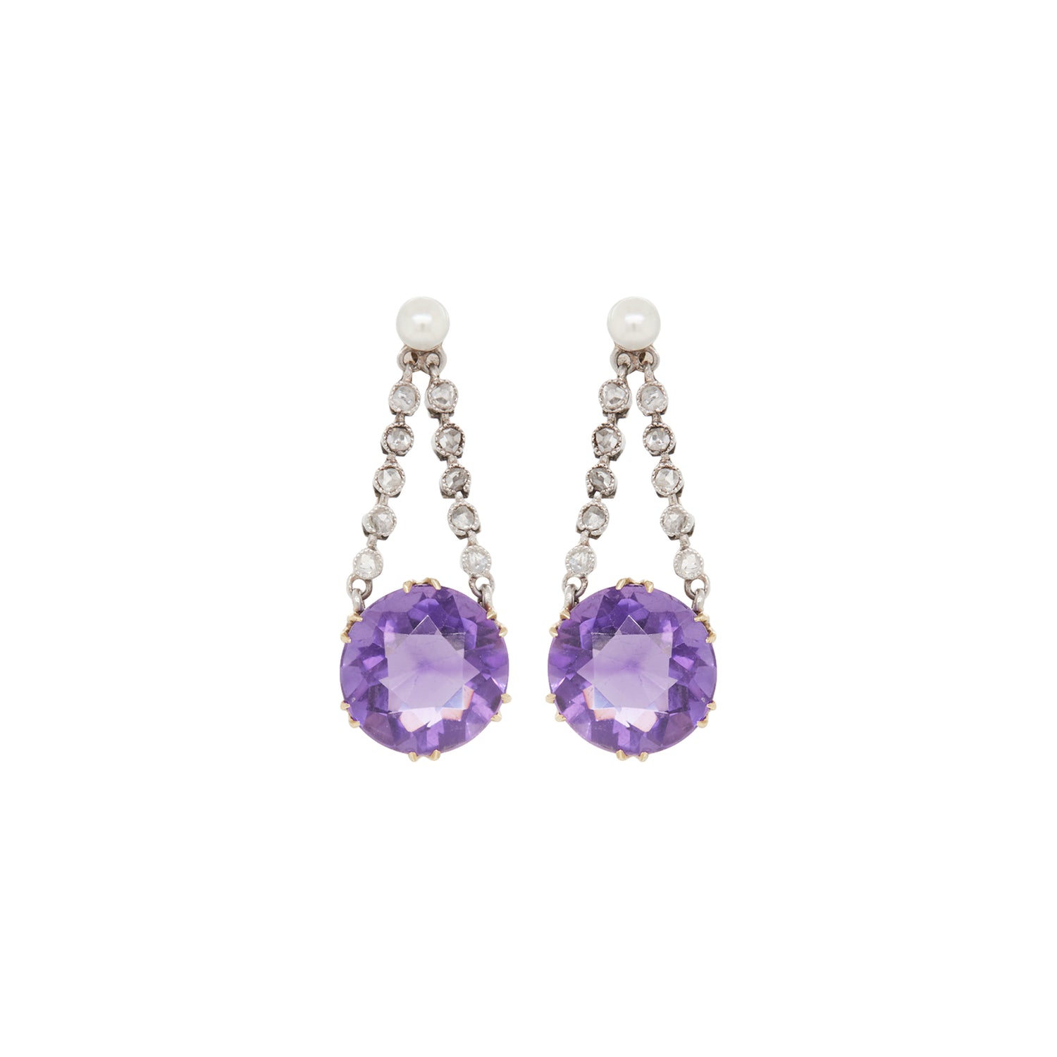 Antique Platinum and 18ct Yellow Gold Amethyst, Pearl and Diamond Drop Earrings