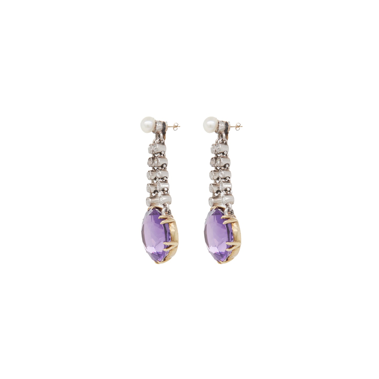 Antique Platinum and 18ct Yellow Gold Amethyst, Pearl and Diamond Drop Earrings