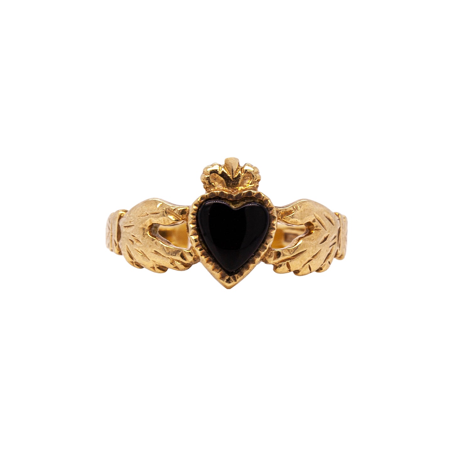 9 Carat Yellow Gold and Onyx Claddagh Ring