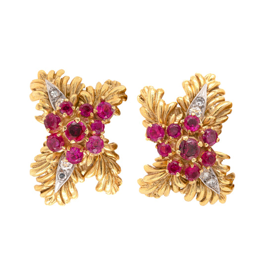 Vintage Ben Rosenfeld Ruby and Diamond 18 Carat Gold Foliate Clip-on Earrings