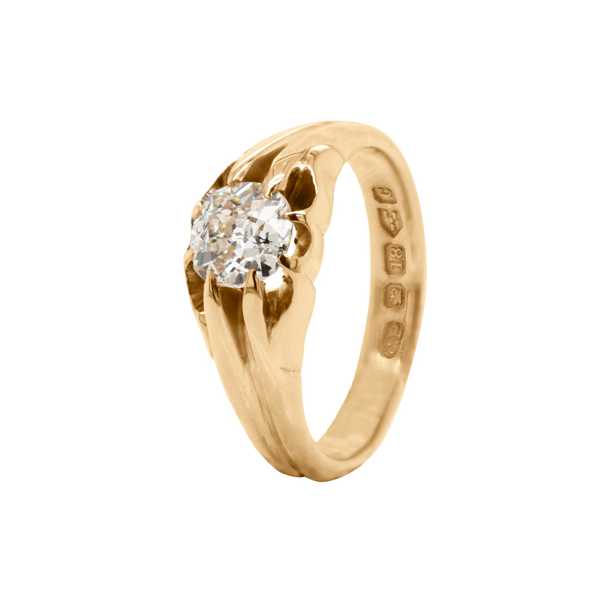 Antique (1886) 18ct gold ring dates bears the Chester (UK) hallmark. It's set with an Old Mine Cut Diamond estimated at 1.00 carat. Unisex.