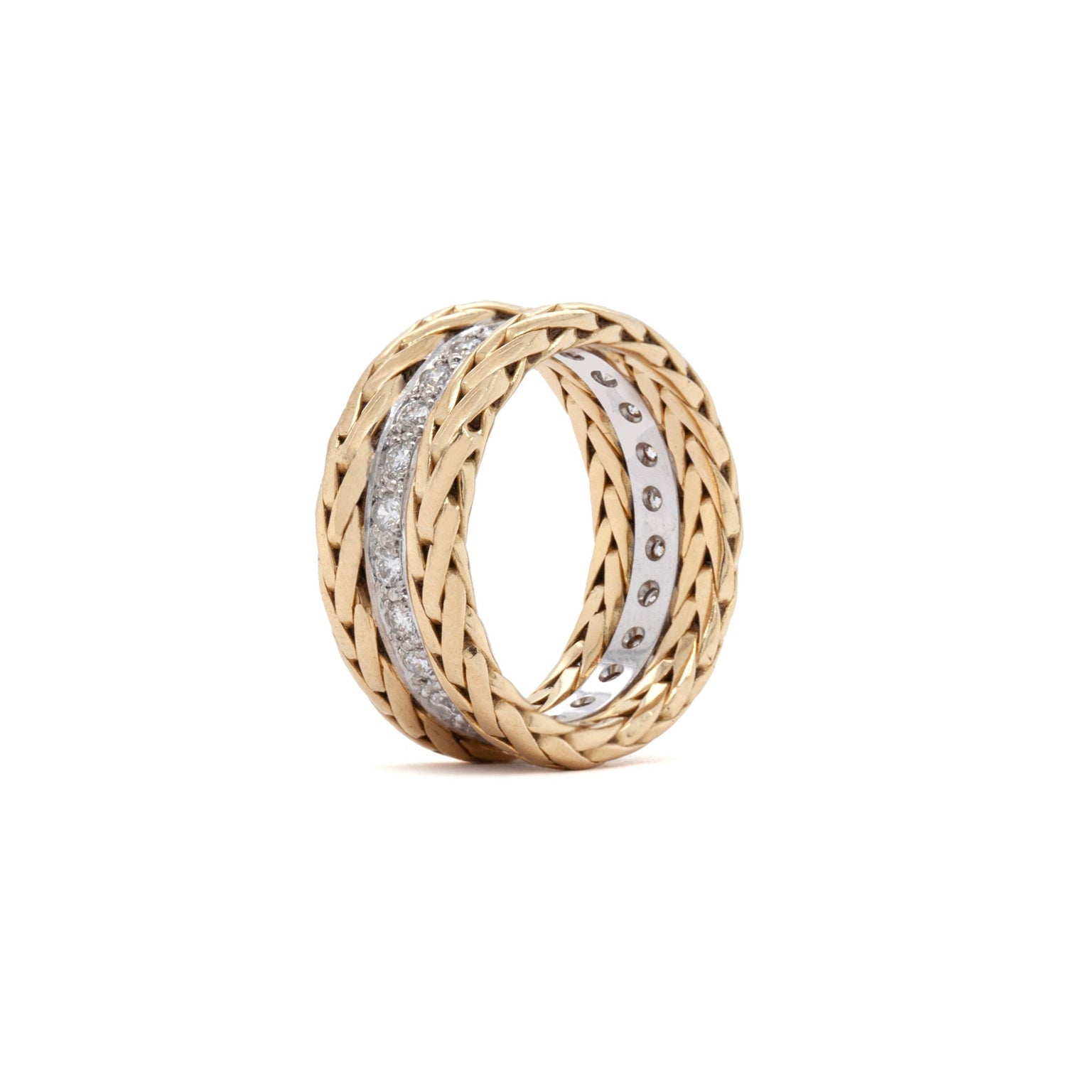 Diamond 18 Carat White and Yellow Gold Fancy Braided Wide Band Ring