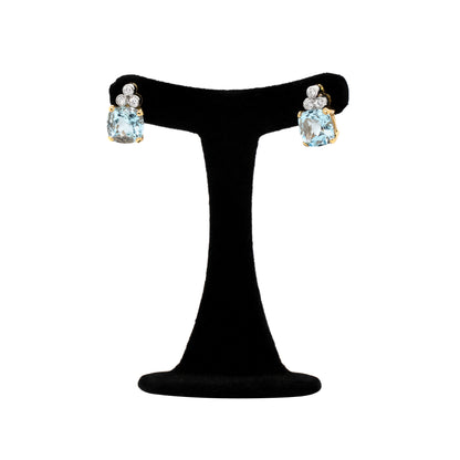4.04 Carat Cushion Shape Aquamarine and Diamond 18ct Gold Stud Earrings