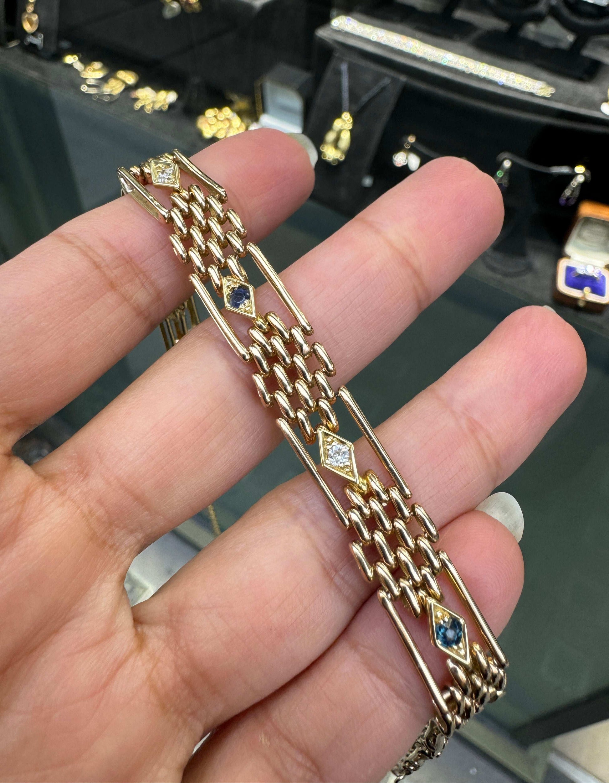 Antique Blue Sapphire & Diamond 15 Carat Rose Gold Gate Bracelet