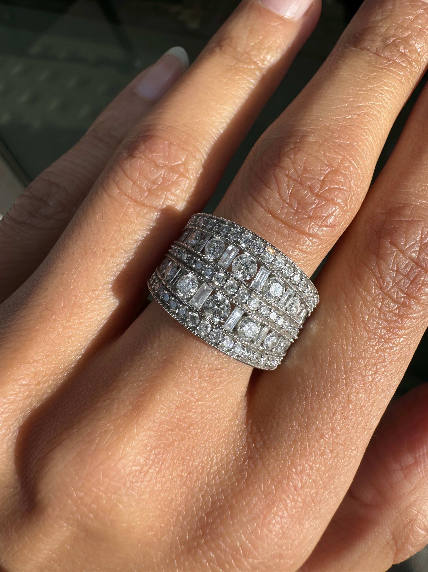 Mixed Cut Diamond 14 Carat White Gold Tapered Wide Band Cocktail Ring