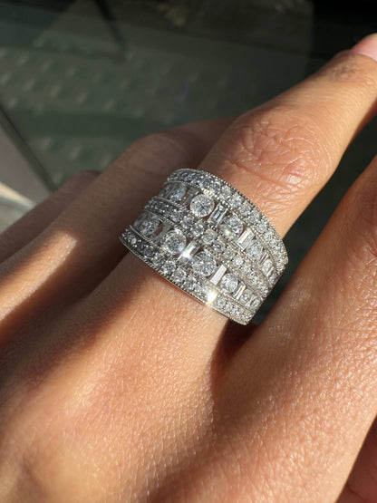 Mixed Cut Diamond 14 Carat White Gold Tapered Wide Band Cocktail Ring