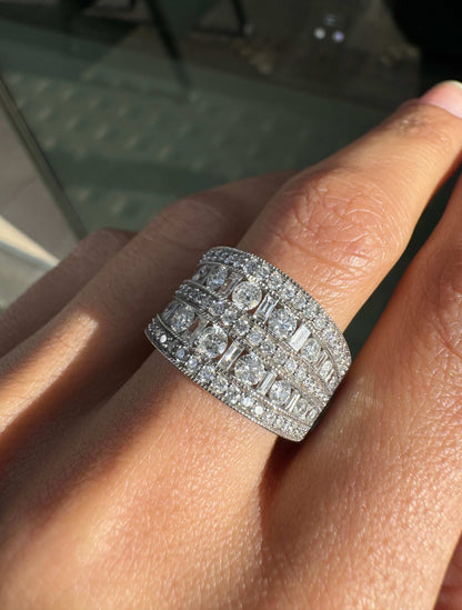 Mixed Cut Diamond 14 Carat White Gold Tapered Wide Band Cocktail Ring