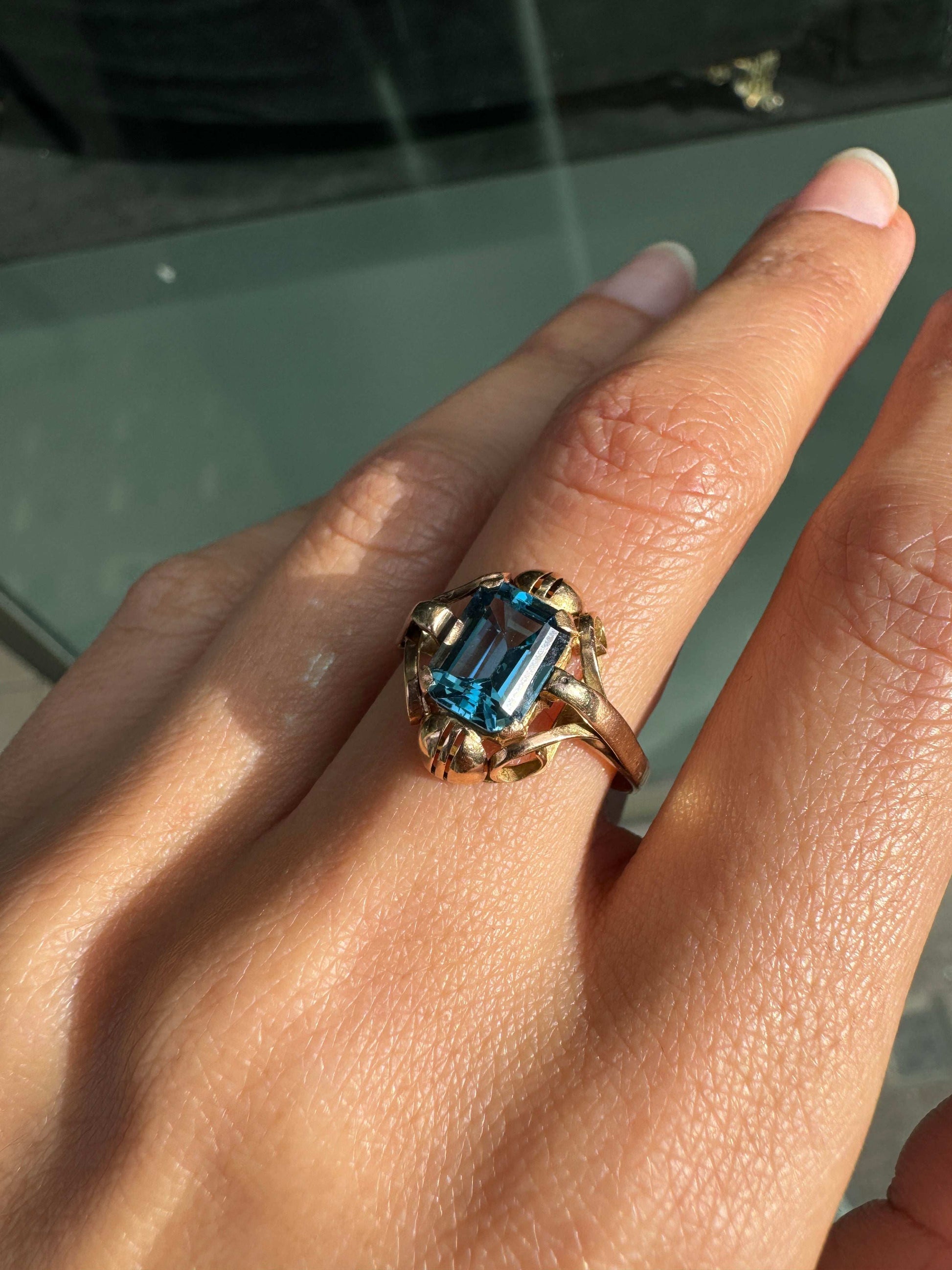 14 Carat Rose Gold and Blue Topaz Dress Ring, Circa 1930s-1940s