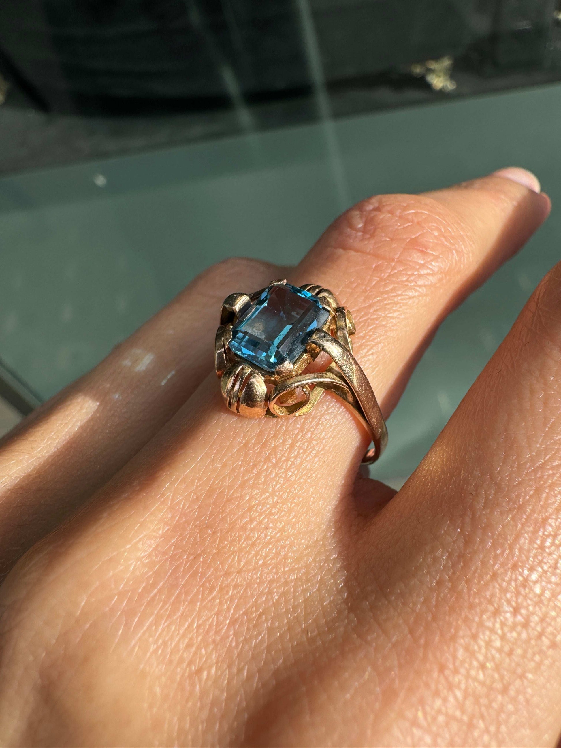 14 Carat Rose Gold and Blue Topaz Dress Ring, Circa 1930s-1940s