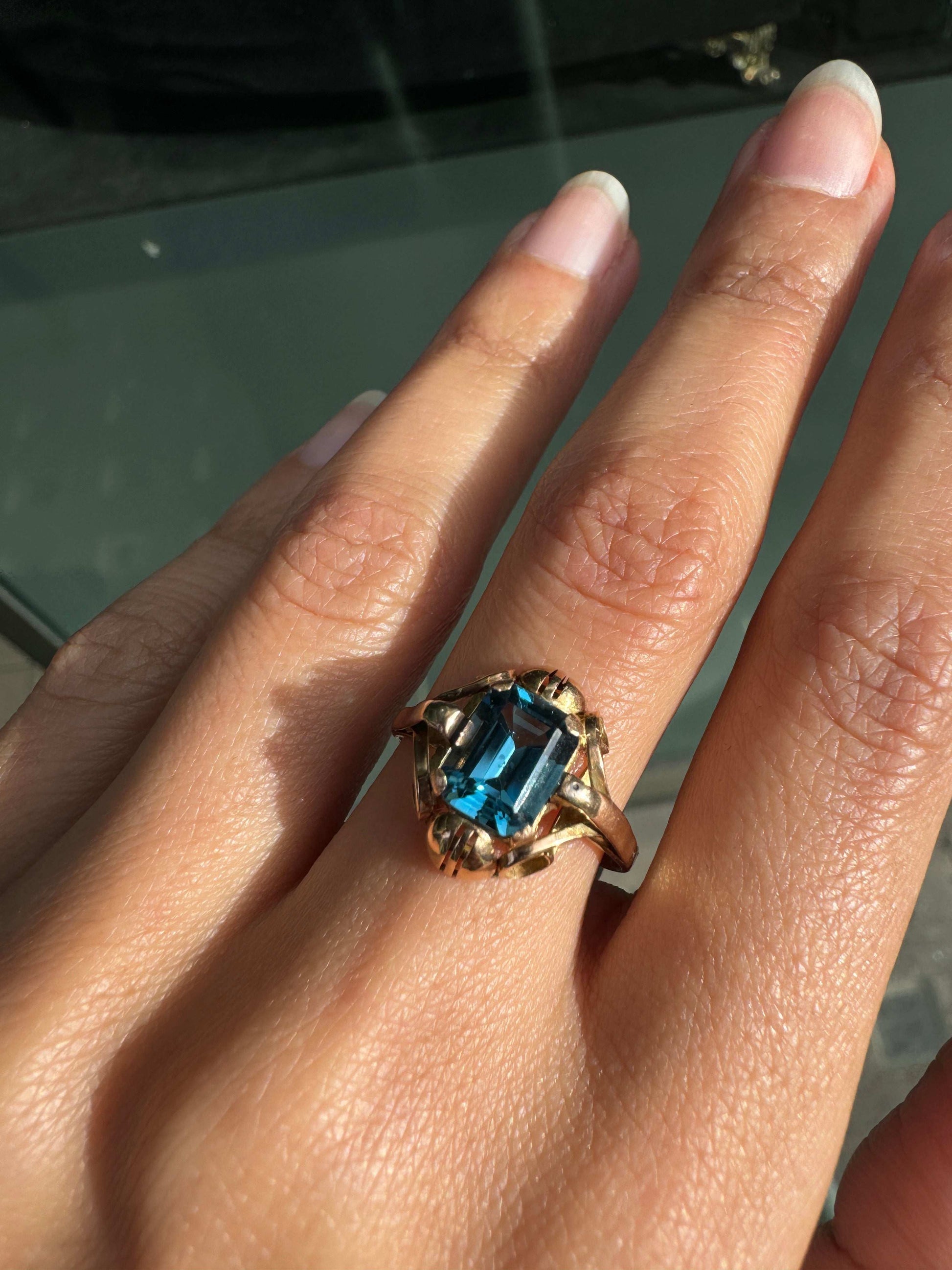 14 Carat Rose Gold and Blue Topaz Dress Ring, Circa 1930s-1940s