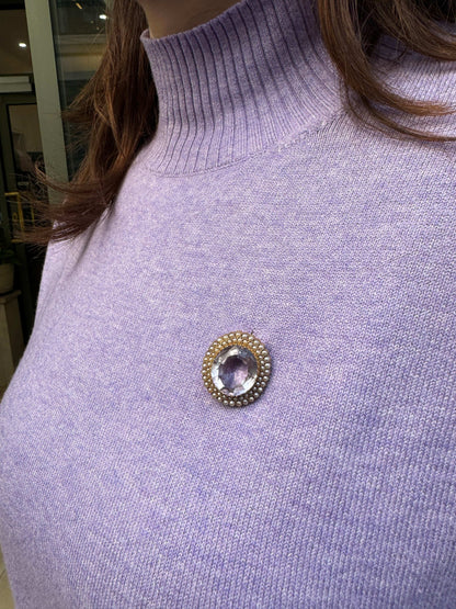 Amethyst and Seed Pearl 15 Carat Yellow Gold Oval Halo Cluster Brooch