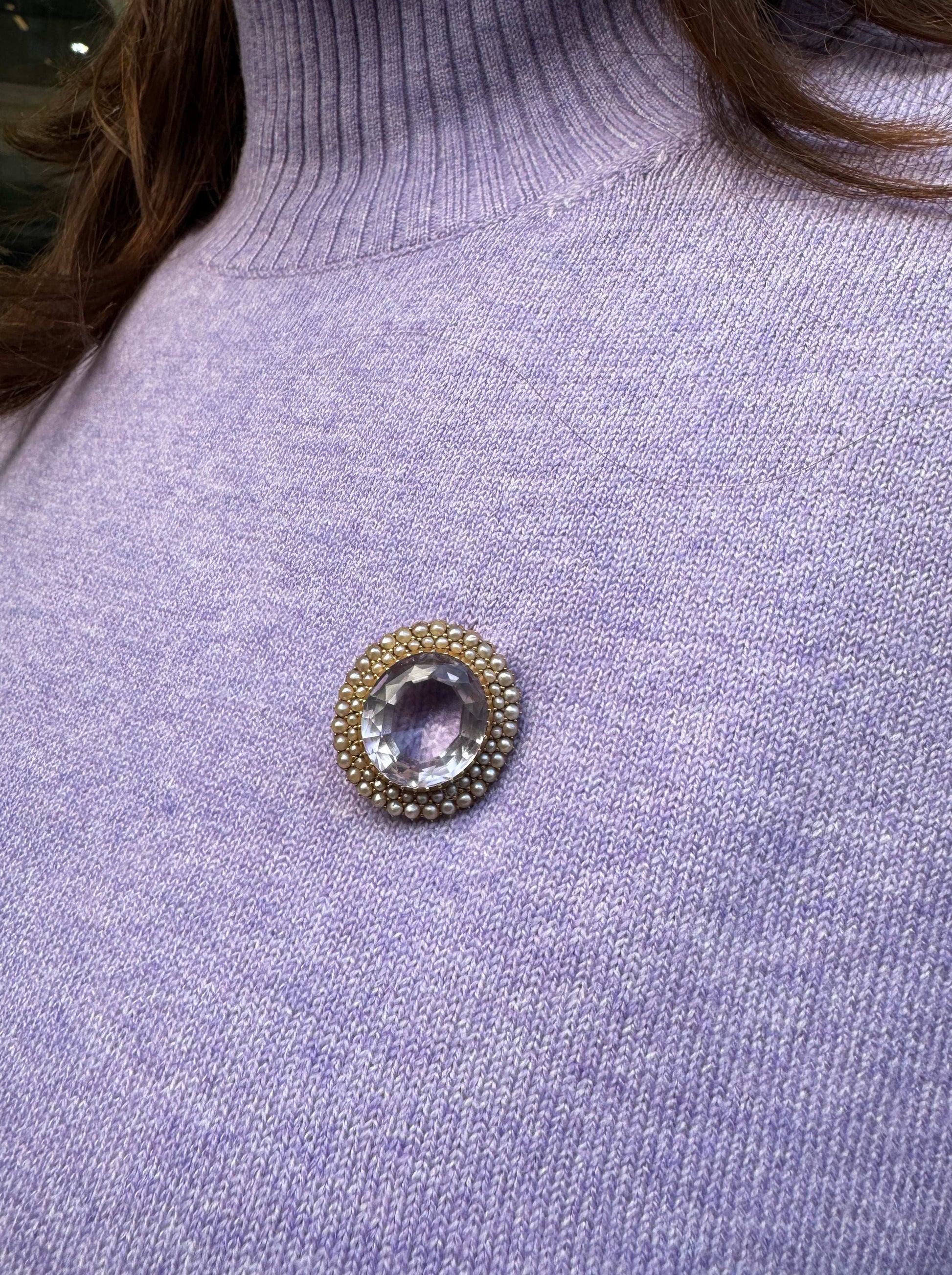 Amethyst and Seed Pearl 15 Carat Yellow Gold Oval Halo Cluster Brooch