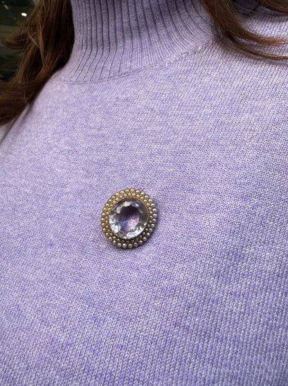 Amethyst and Seed Pearl 15 Carat Yellow Gold Oval Halo Cluster Brooch