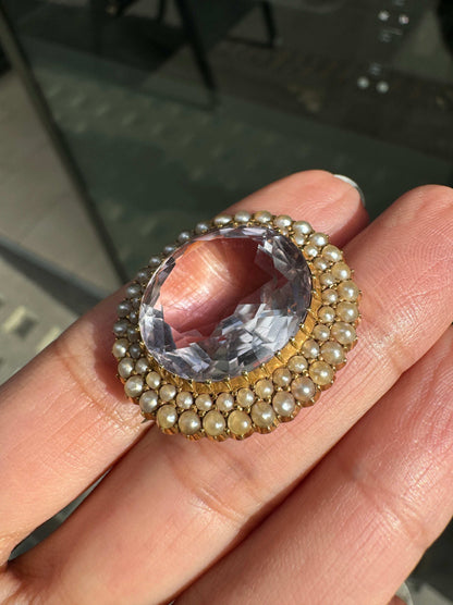 Amethyst and Seed Pearl 15 Carat Yellow Gold Oval Halo Cluster Brooch