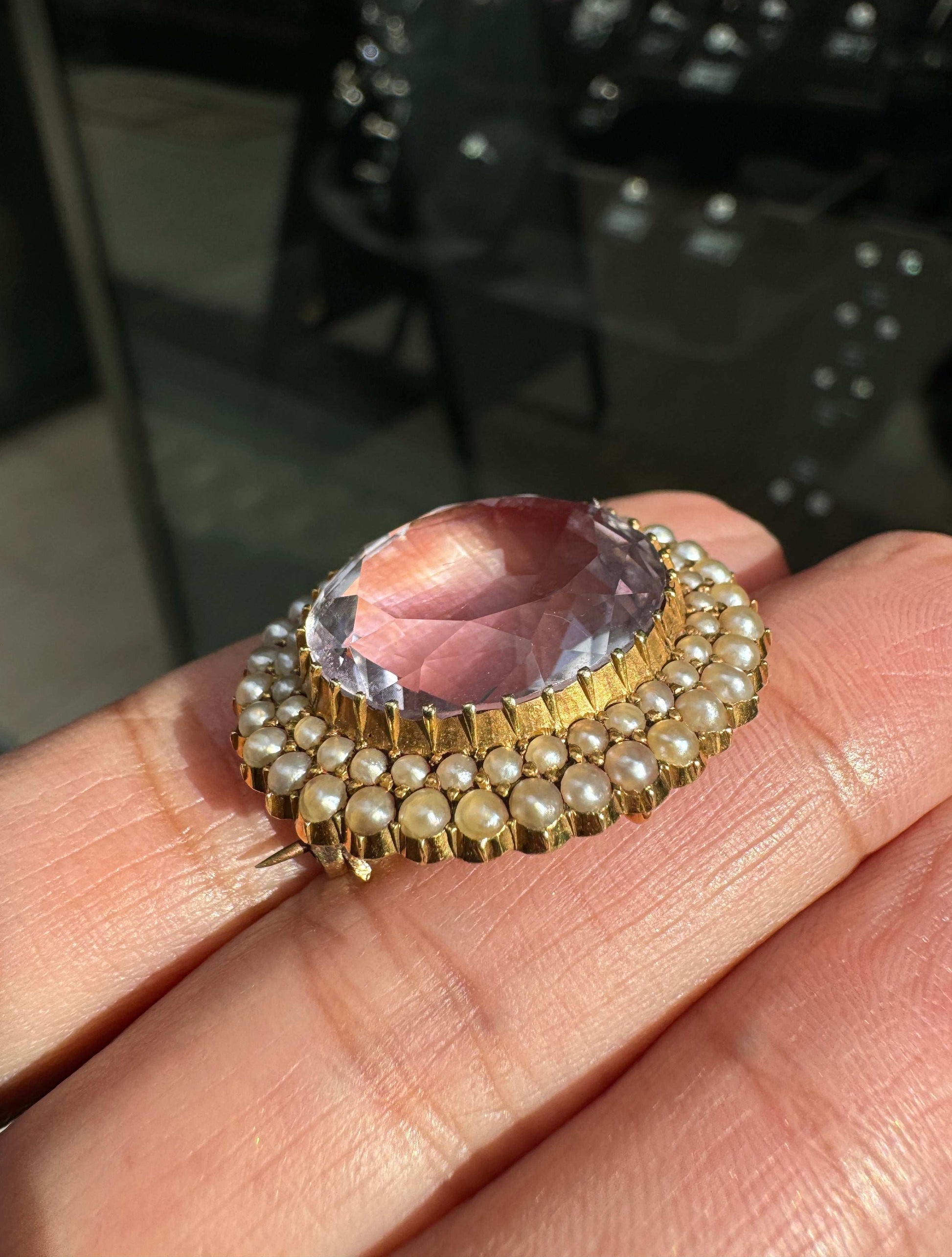 Amethyst and Seed Pearl 15 Carat Yellow Gold Oval Halo Cluster Brooch