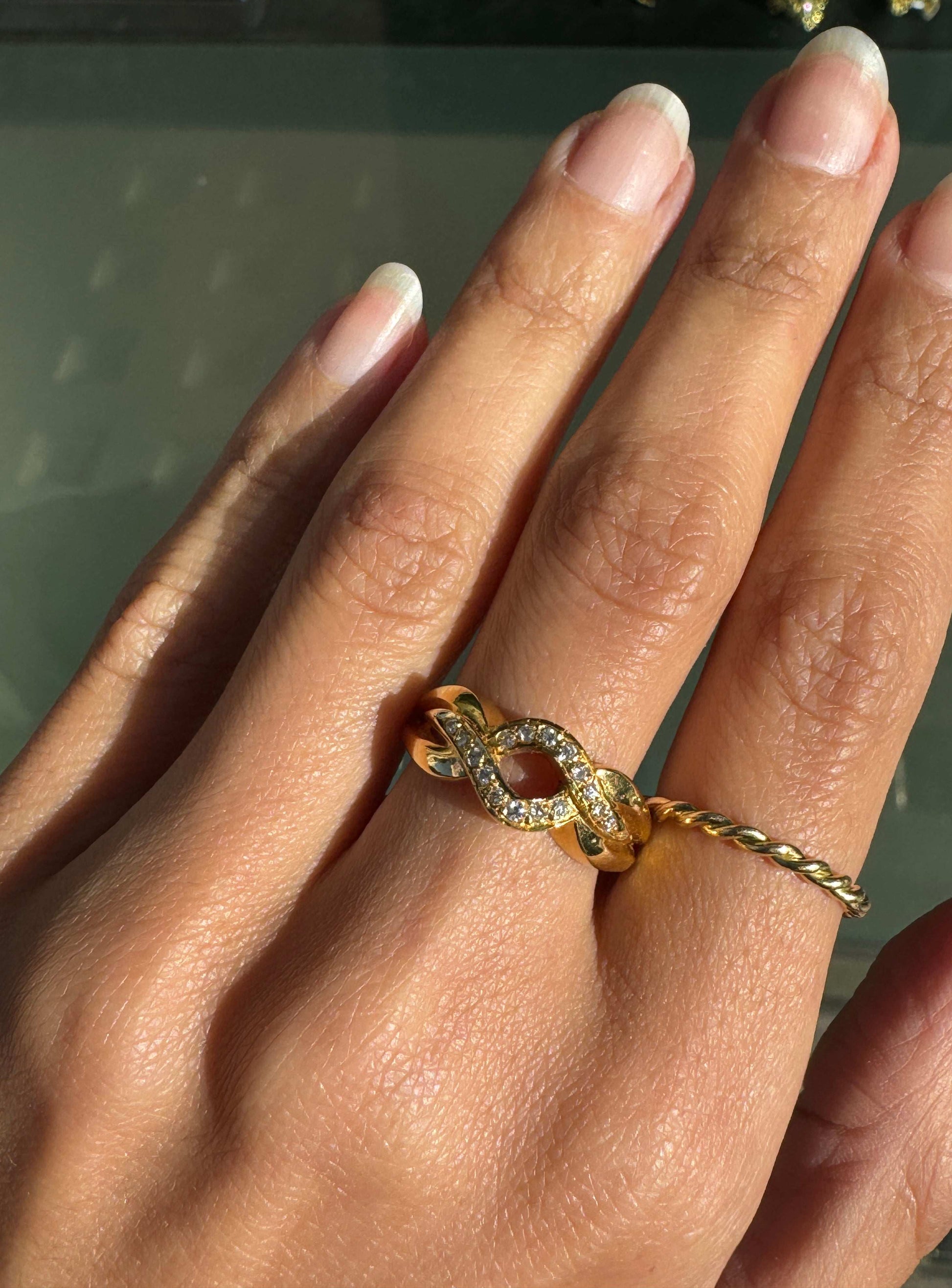 Diamond and 18 Carat Yellow Gold Open Work Intertwined Wave Band Ring