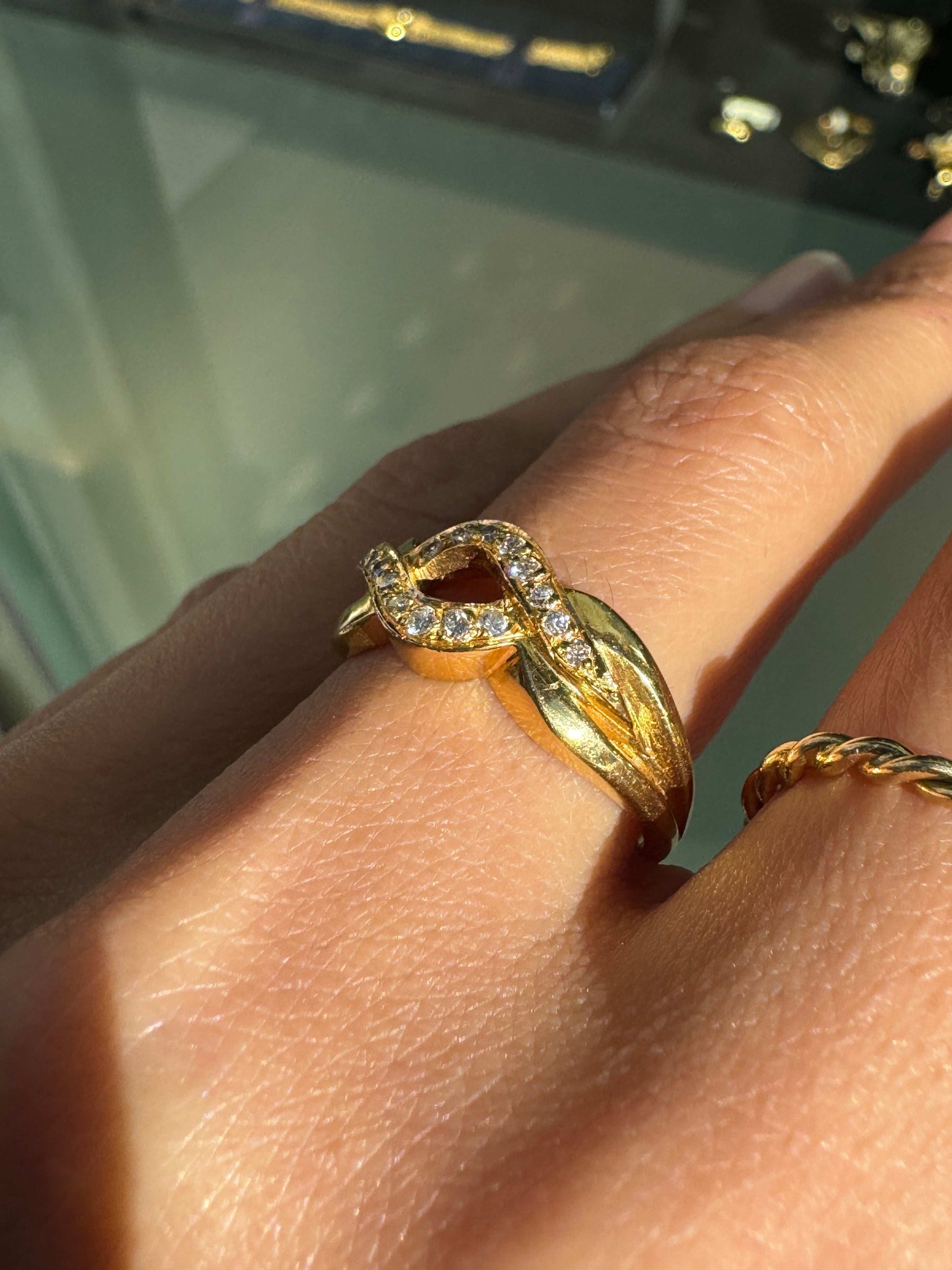 Diamond and 18 Carat Yellow Gold Open Work Intertwined Wave Band Ring