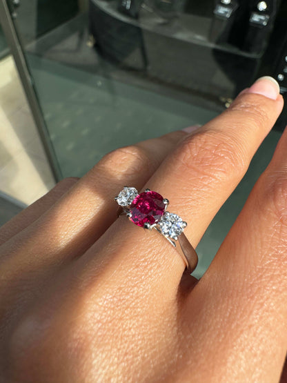 1.05ct Natural Unheated Oval Ruby & Diamond Platinum Three-Stone Engagement Ring
